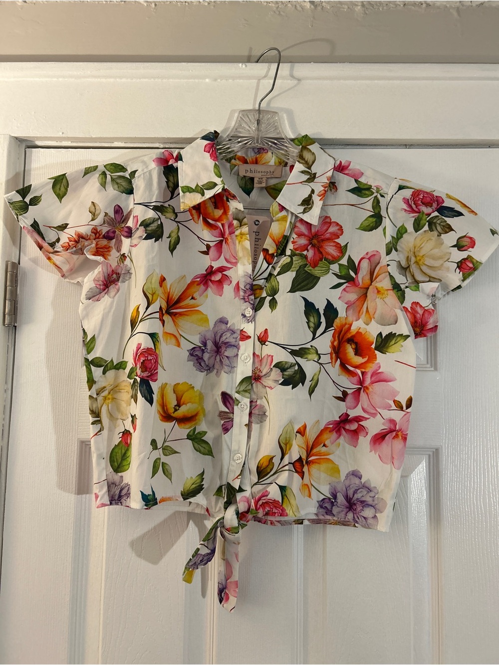 Philosophy White Floral Tie-Front Short Sleeve Blouse